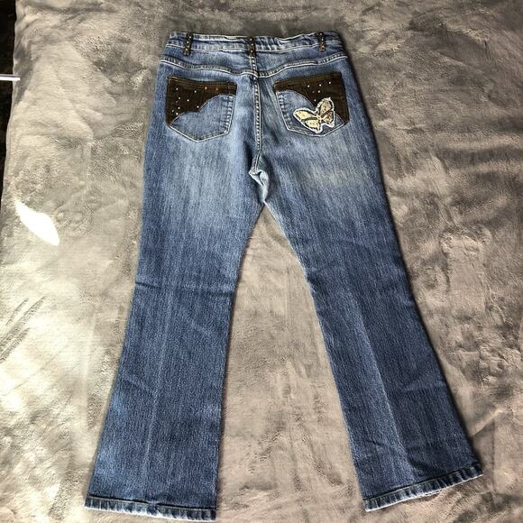 VTG Y2K Butterfly Embroidered Studded High Rise Flare Jeans Sz 14 Hippie Boho - Picture 2 of 12